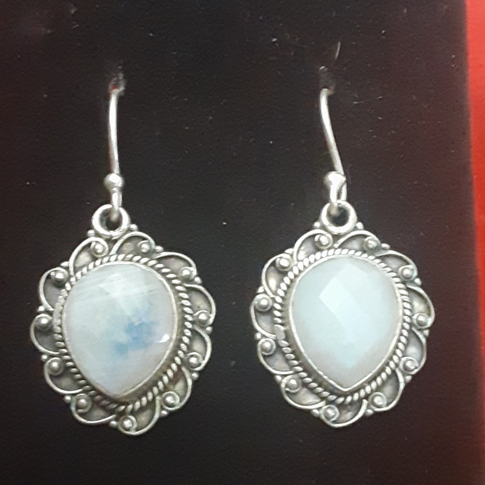Moonstone earrings  1 1/2" drop silver